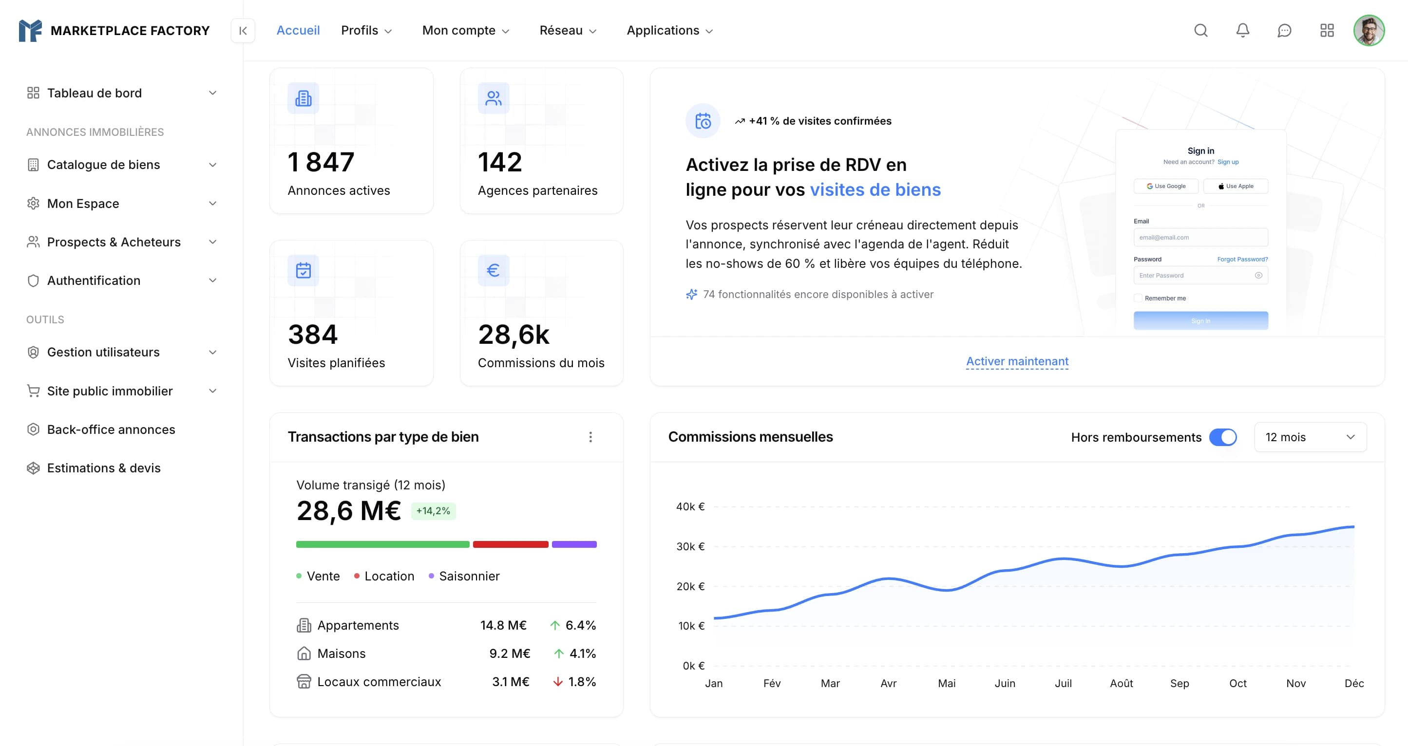 Marketplace back-office dashboard — KPIs, users and transactions