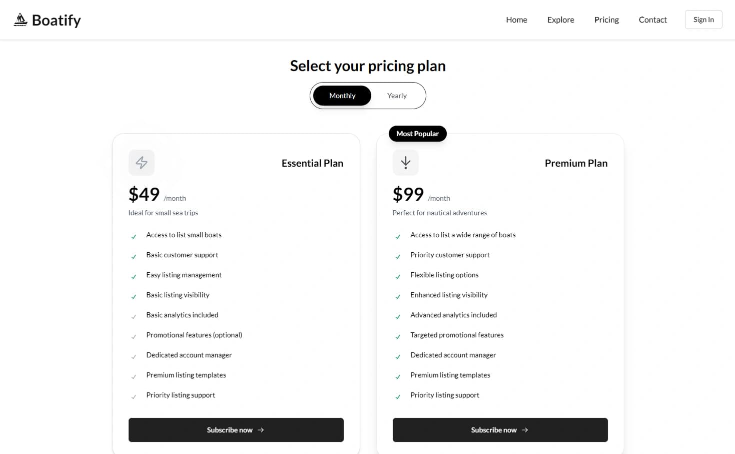 Boat Rental Template - Pricing page