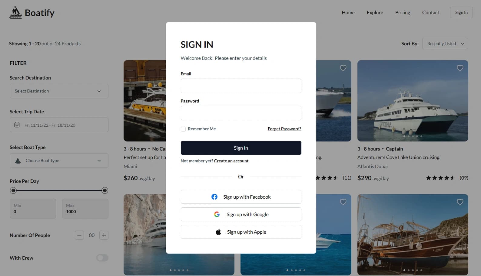 Boat Rental Template - Authentication page